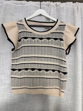 Baltic Born Cream and Black Striped Flutter Sleeve Sweater Top